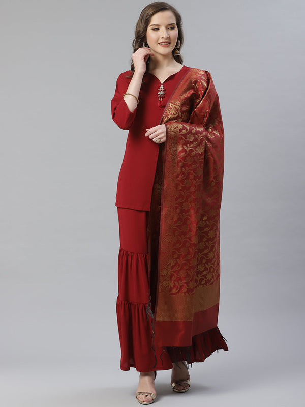 Jashvi Women Maroon & Golden Solid Kurti with Sharara & Woven Design Dupatta