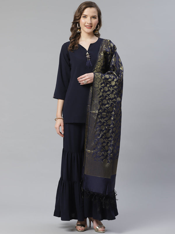 Jashvi Women Navy Blue & Golden Solid Kurti with Sharara & Woven Design Dupatta