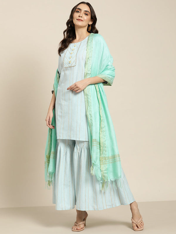 Women Turquoise Blue Woven Design Gotta Patti Kurta with Sharara & Dupatta