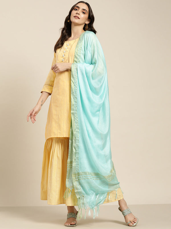 Women Yellow Woven Design Gotta Patti Kurta with Sharara & Dupatta