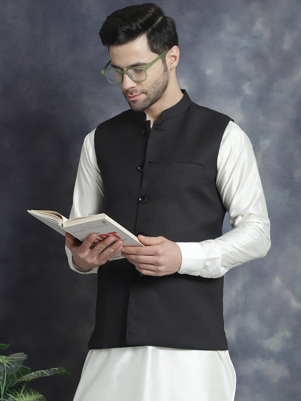 Men's Solid Nehru Jacket with White Kurta & Churidar