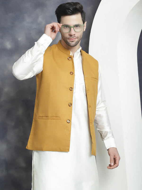 Men's Solid Nehru Jacket with White Kurta & Churidar