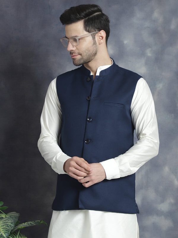 Men's Solid Nehru Jacket with White Kurta & Churidar