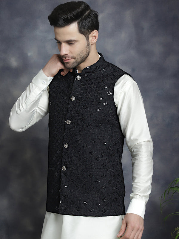 Men's Sequins and Embroidred Nehru Jacket With Solid Kurta Pyjama