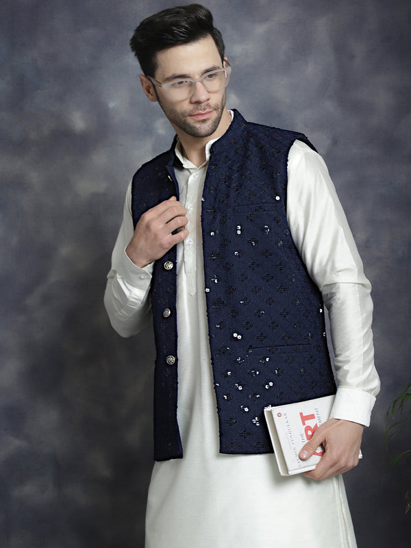 Men's Sequins and Embroidred Nehru Jacket With Solid Kurta Pyjama