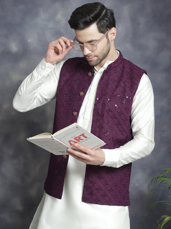 Men's Sequins and Embroidred Nehru Jacket With Solid Kurta Pyjama