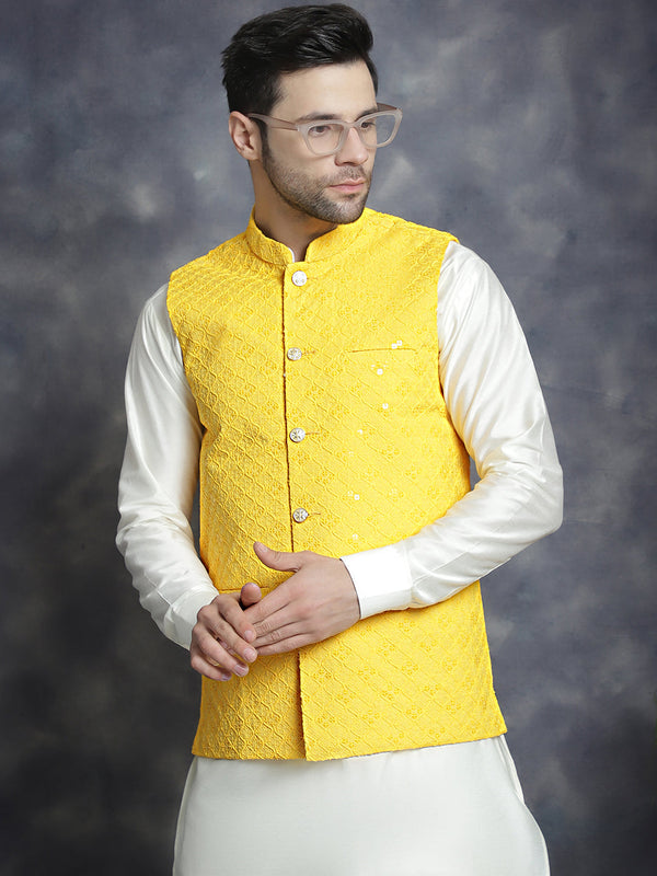 Men's Sequins and Embroidred Nehru Jacket With Solid Kurta Pyjama