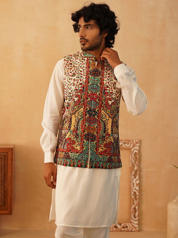 Paisley Printed Nehru Jacket With Solid Kurta Pyjama Set