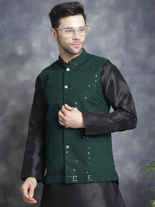 Men's Sequins and Embroidred Nehru Jacket With Solid Kurta Pyjama.