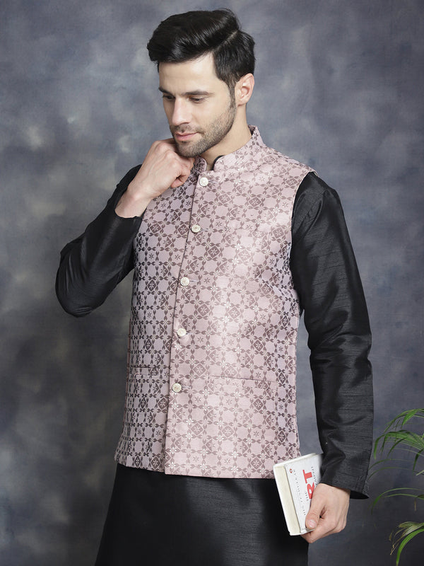 Men's Woven Design Nehru Jacket With Kurta Pyjama Set