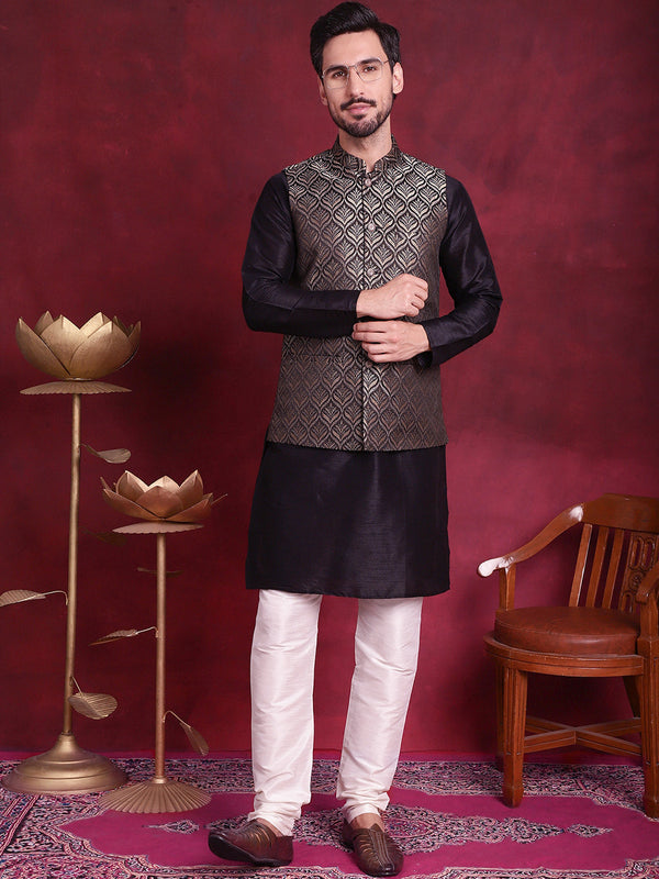 Woven Design Nehru Jacket With Kurta Pyjama Set