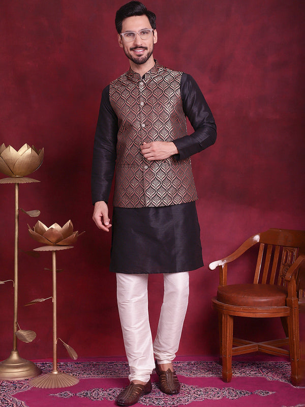 Woven Design Nehru Jacket With Kurta Pyjama Set