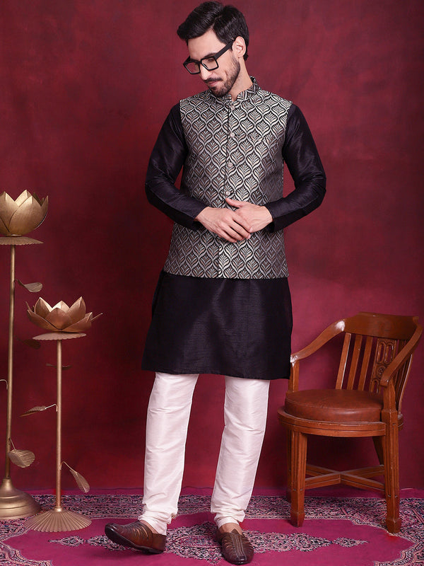 Woven Design Nehru Jacket With Kurta Pyjama Set