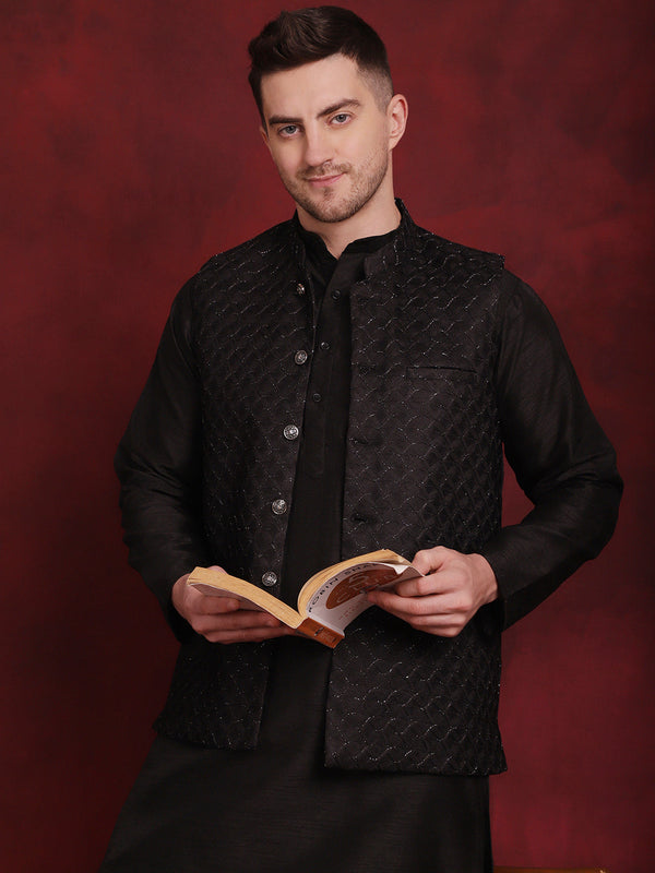 Men's Black Woven Design Nehru Jacket With Kurta Pyjama Set - Taantav