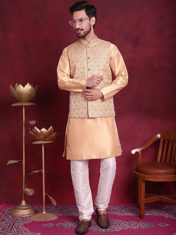 Woven Design Nehru Jacket With Kurta Pyjama Set