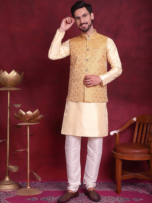 Woven Design Nehru Jacket With Kurta Pyjama Set