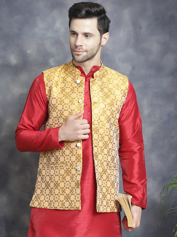 Men's Woven Design Nehru Jacket With Kurta Pyjama Set