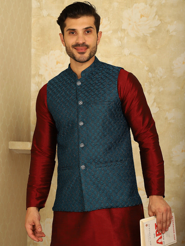 Blue Woven Design Nehru Jacket With Kurta Pyjama Set