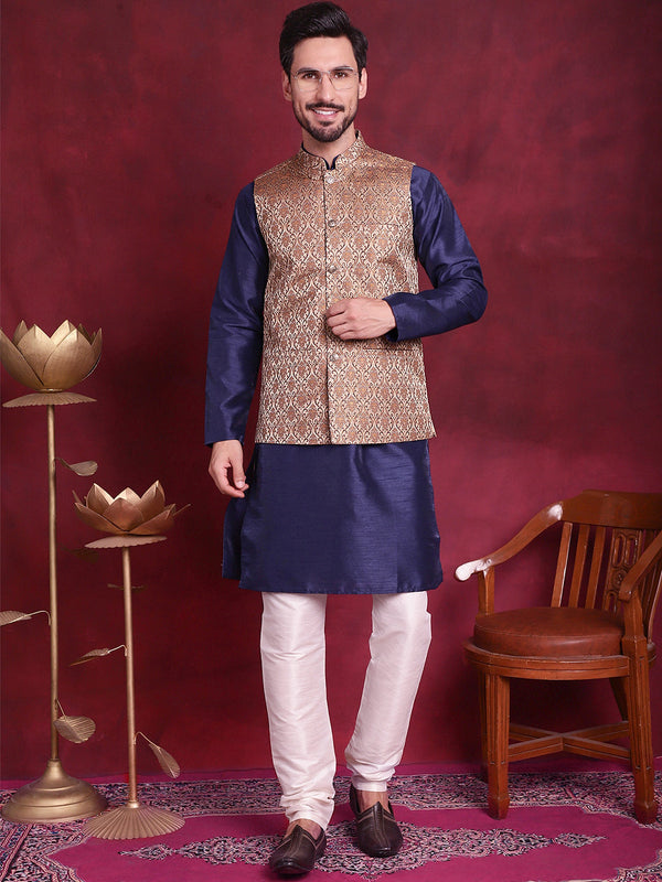 Woven Design Nehru Jacket With Kurta Pyjama Set