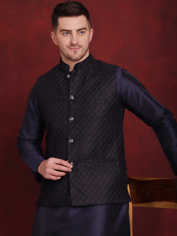 Navy Blue Woven Design Nehru Jacket With Kurta Pyjama Set