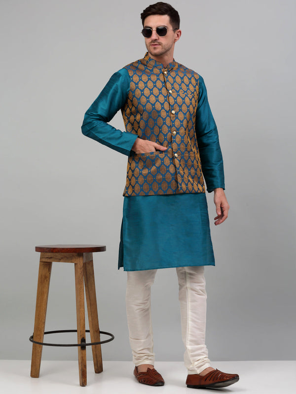 Men's Woven Design Nehru Jacket and Kurta Pyjama Set