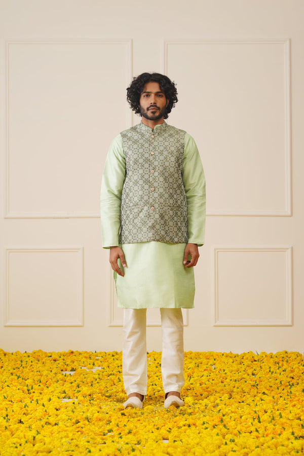 Men's Woven Design Nehru Jacket With Kurta Pyjama Set