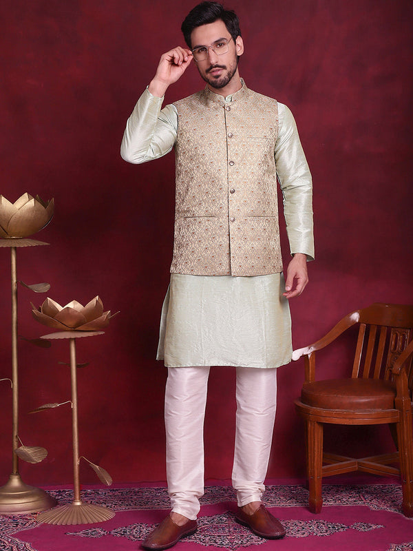 Woven Design Nehru Jacket With Kurta Pyjama Set