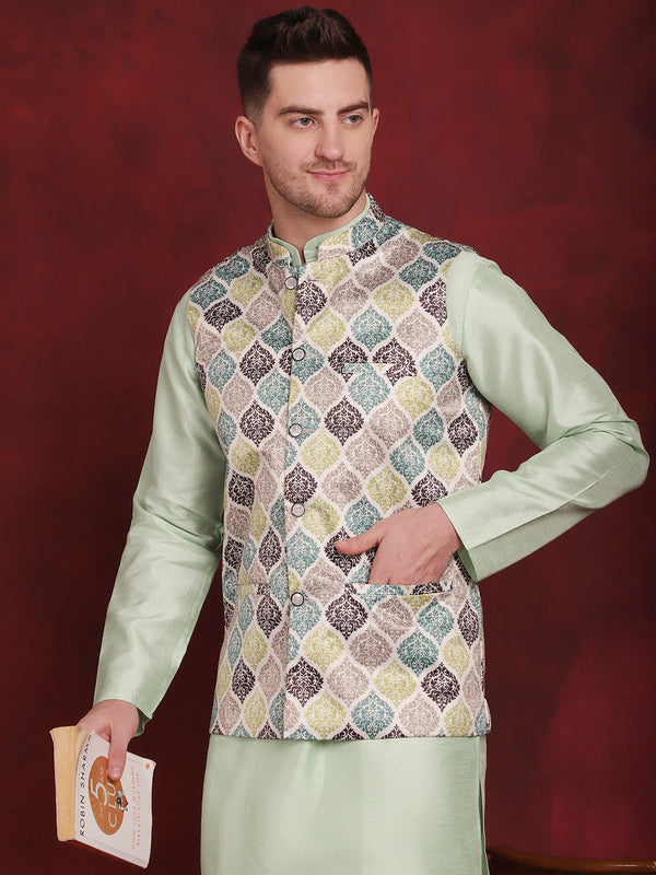 Green Floral Printed Nehru Jacket With Kurta Pyjama Set