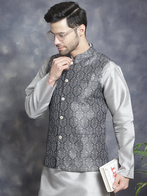 Men's Printed Nehru Jacket With Kurta Pyjama Set