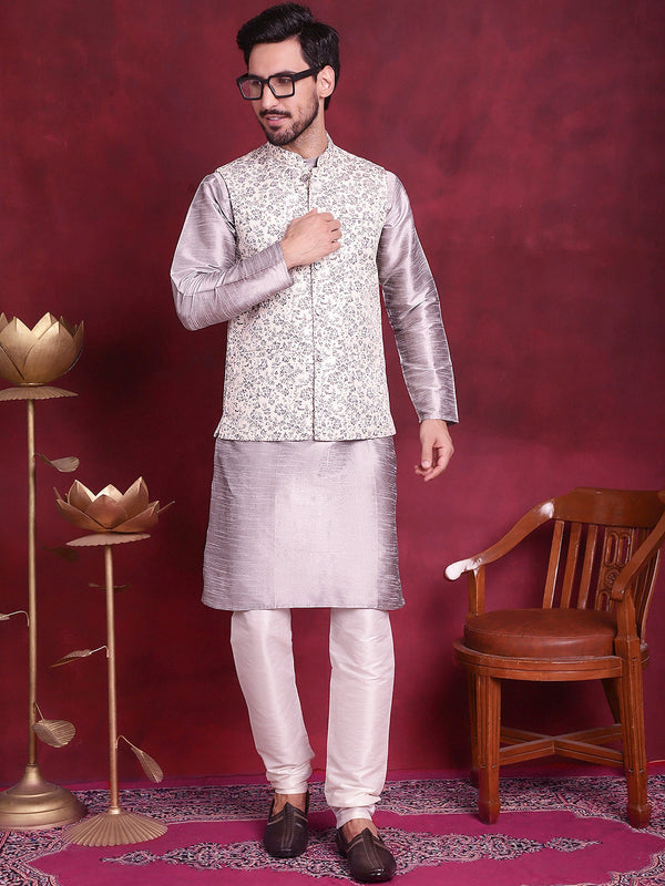 Woven Design Nehru Jacket With Kurta Pyjama Set