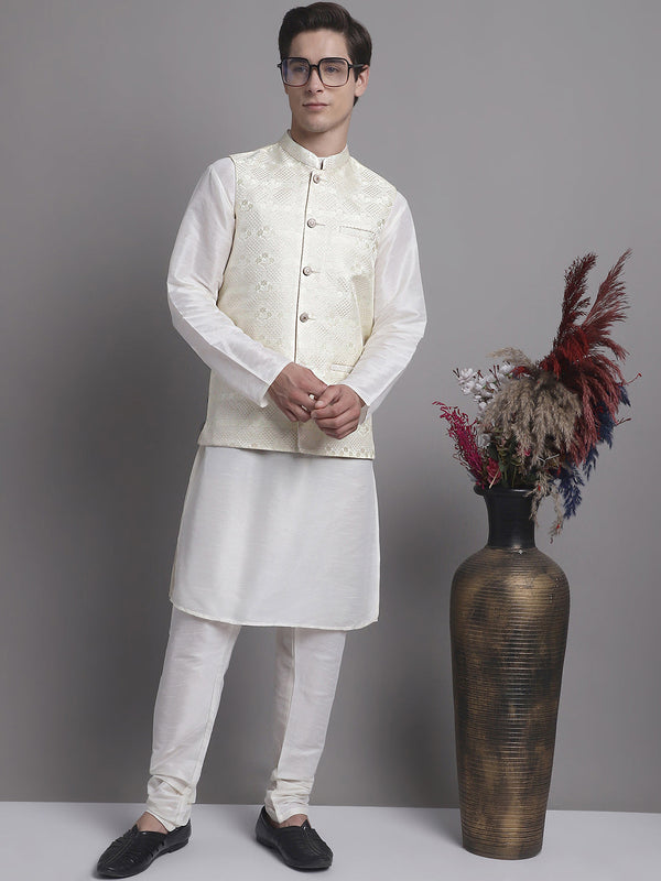 Men's Cream Woven Design Nehru Jacket With Solid Kurta Pyjama.