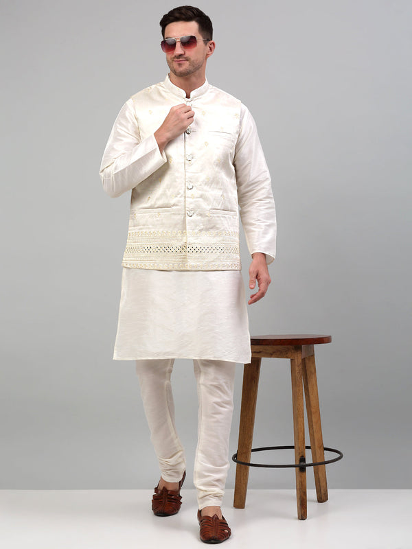 Men's Embroidered Nehru Jacket With Solid Kurta Pyjama Set.