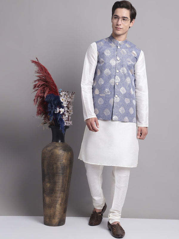 Men's Blue Printed Nehru Jacket With Solid Kurta Pyjama.