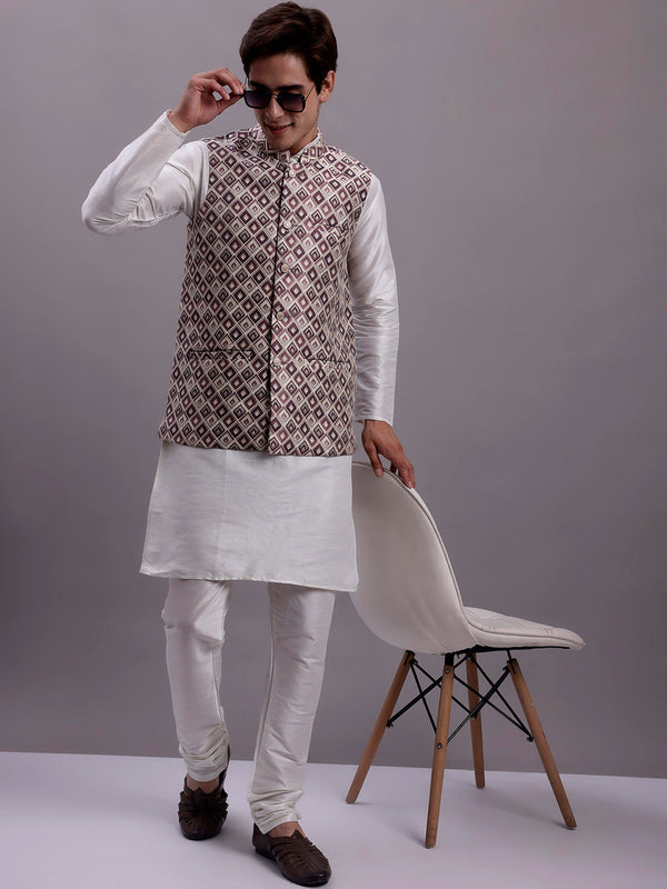 Men's Purple Woven Design Nehru Jacket With Solid Kurta Pyjama.