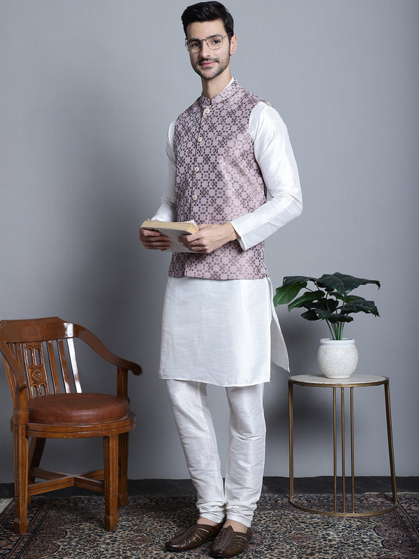 Men's Woven Design Nehru Jacket With Kurta Pyjama Set