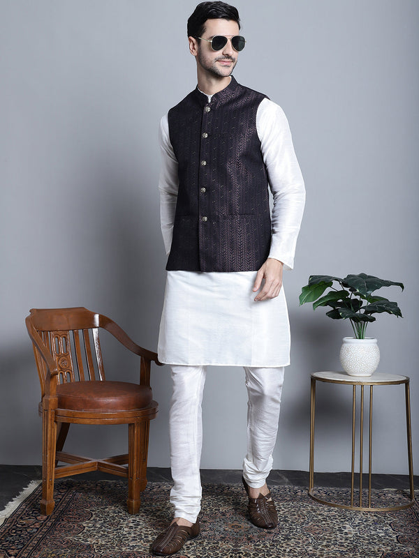 Men's Woven Design Nehru Jacket With Kurta Pyjama Set