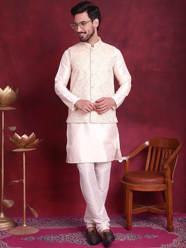 Woven Design Nehru Jacket With Kurta Pyjama Set