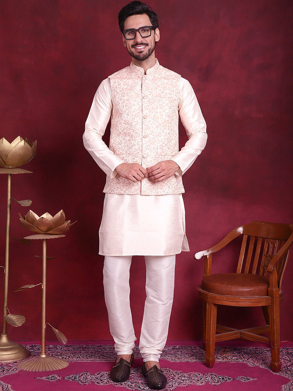 Woven Design Nehru Jacket With Kurta Pyjama Set