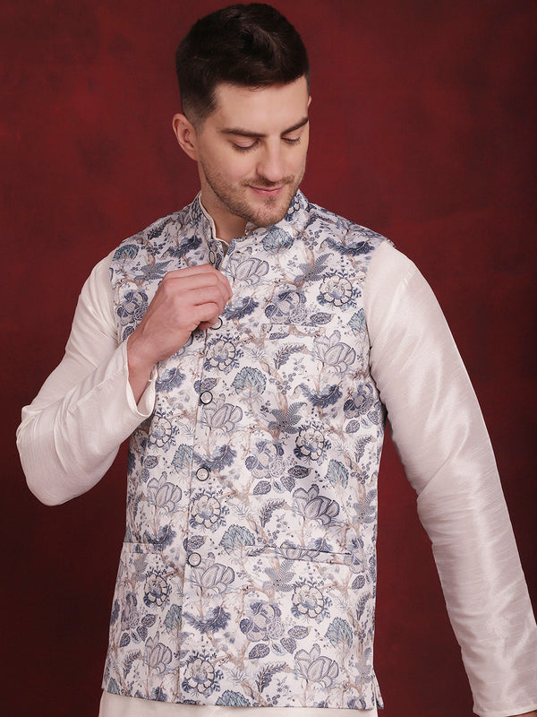 White Floral Printed Nehru Jacket With Kurta Pyjama Set