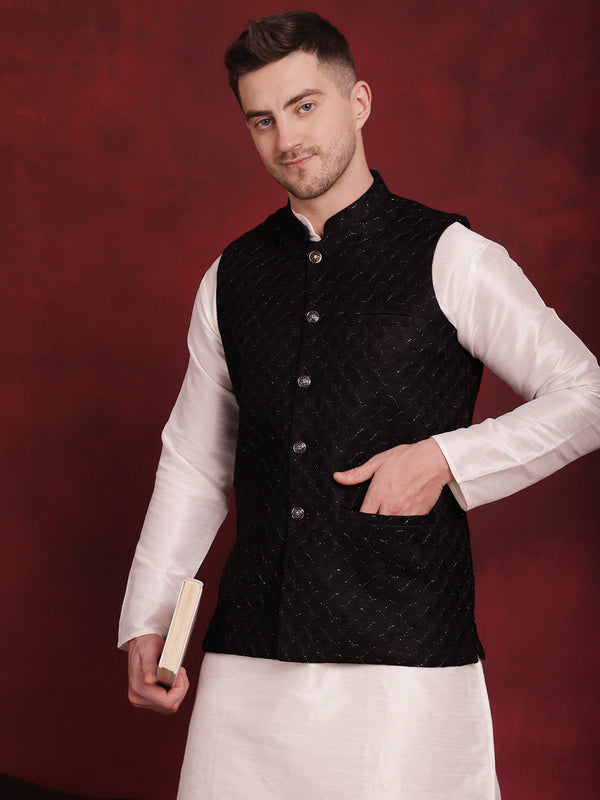 Men's Black Woven Design Nehru Jacket With Kurta Pyjama Set - Taantav