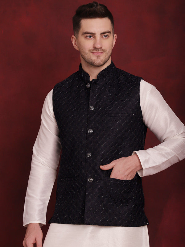 Navy Blue Woven Design Nehru Jacket With Kurta Pyjama Set