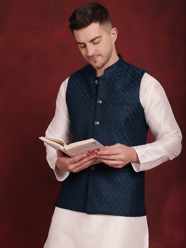 Blue Woven Design Nehru Jacket With Kurta Pyjama Set