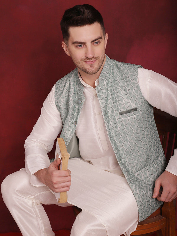 Green Woven Design Nehru Jacket With Kurta Pyjama Set