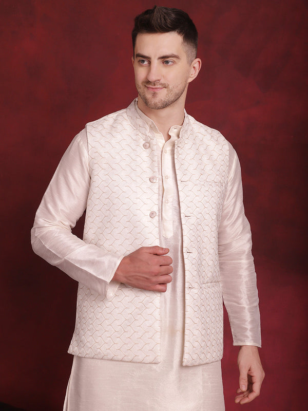 White Woven Design Nehru Jacket With Kurta Pyjama Set