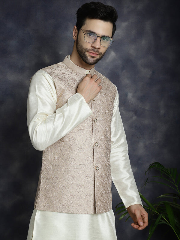 Men's Sequins and Embroidred Nehru Jacket With Solid Kurta Pyjama