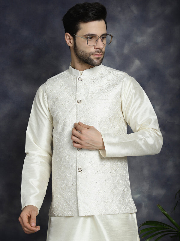 Men's Sequins and Embroidred Nehru Jacket With Solid Kurta Pyjama