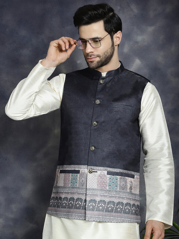 Men's Printed Nehru Jacket With Solid Kurta Pyjama