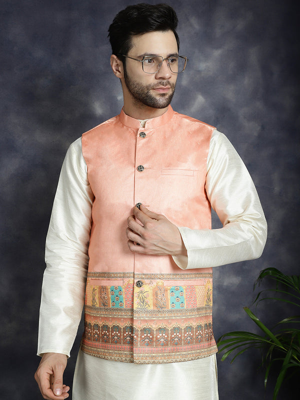 Men's Printed Nehru Jacket With Solid Kurta Pyjama