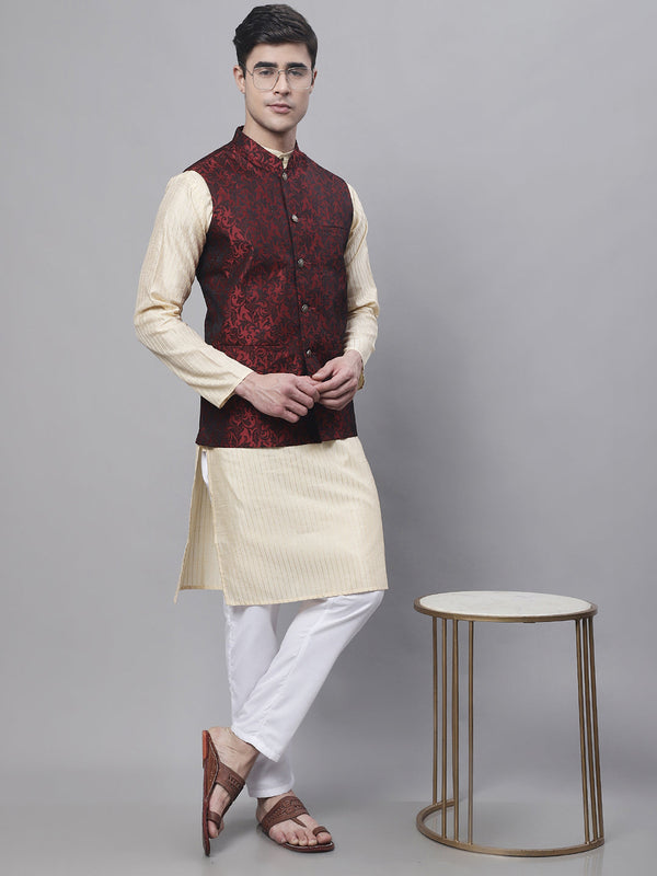 Men's Beige Embroidered Kurta Pyjama With Woven Design Nehru Jacket