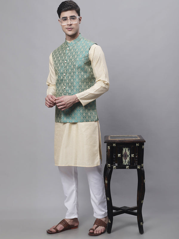 Men's Beige Embroidered Kurta Pyjama With Green Woven Design Nehru Jacket